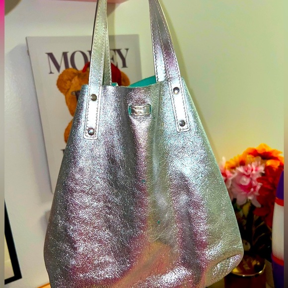 Tiffany & Co Tiffany Silver Metallic Leather Reversible Suede Tote Preowned